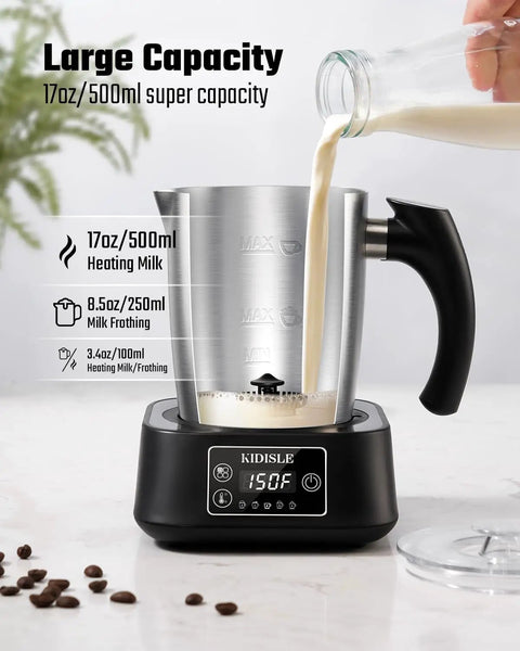5 In 1 Milk Frother And Steamer With Adjustable Temperature 17 Oz Detachable Frother showing milk being poured into stainless steel jug