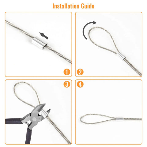 Installation guide for Job Site Ready 1/16 Inch Stainless Steel Wire Rope Cable Spool with aluminum crimp sleeves.