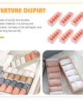 Six Piece Pink Plastic Underwear Drawer Organizer Set Smooth Dresser Storage Dividers displayed with various rolled socks.