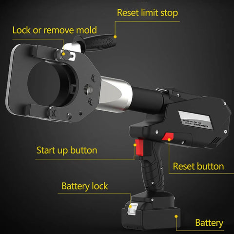 Electric Ratchet Cable Cutter With Battery Power, 120KN Hydraulic Cable Scissors showing buttons and battery