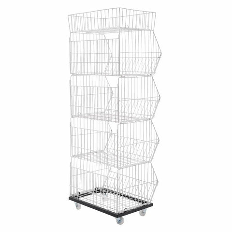 Built Tough Five Tier Rolling Wire Display Rack With Heavy Duty Caster Wheels, Angled Mesh Baskets, And Reinforced Steel Frame in White.