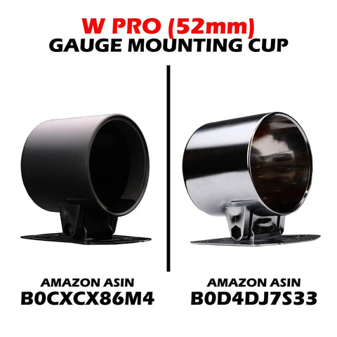 W PRO (52mm) gauge mounting cup in black and chrome finish, designed for easy installation of gauges.