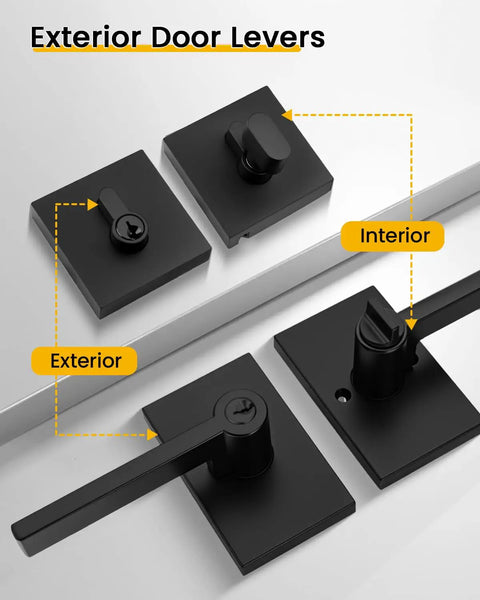 Rugged matte black exterior door levers, showcasing interior and exterior designs for secure door locking. Secure Your Curb Appeal For Keeps With This Tough As Nails Black Exterior Door Handle Pairing A Smooth Single Cylinder Deadbolt For Maximum Security Quick Install And Peace Of Mind.