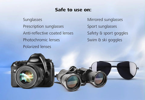 ZEISS pre-moistened sunglasses cleaning wipes, 240 count, shown with camera, binoculars and sunglasses.