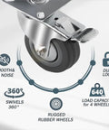 Heavy Duty 3 Inch Swivel Caster Wheels Equipped With Lock Down Dual Brakes And Roll Smooth Gray Rubber Tires For Tough Furniture Cart Dolly And Workbench Builds close-up with dual lock feature and rugged wheel.
