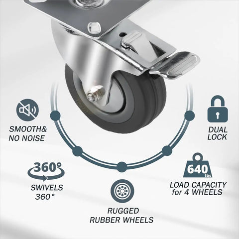 Heavy Duty 3 Inch Swivel Caster Wheels Equipped With Lock Down Dual Brakes And Roll Smooth Gray Rubber Tires For Tough Furniture Cart Dolly And Workbench Builds close-up with dual lock feature and rugged wheel.