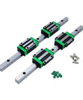 Top Tier Miniature Bearing Steel Linear Motion Rail Kit Featuring Four Hgw20cc Sliders One Sfu2005 Precision Ball Screw And Dual Hgr20 Guide Rails showing HGW20CC sliders on steel rails.