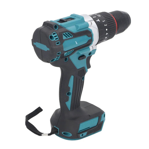 Badass 18V Cordless Drill With Dual Variable Speed Levers And Knockout High Torque Output For Everyday Repairs And Real World Workshop Tasks Plus Rechargeable Battery side view showing dual levers and metal chuck.
