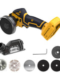 Slick Kickin 3 Inch Mini Circular Saw With Heavy Duty Brushless Motor And Two Speed Control, six blades and guide included.