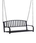 Black Two Person Front Porch Swing Bench For Outdoor Chill Sessions with solid chains in heavy duty steel, seats two adults.