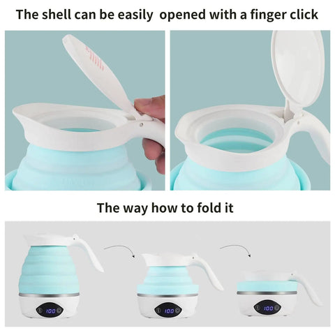 Collapsible Travel Electric Kettle Portable Foldable Water Boiler For Tea and Coffee dual voltage BPA free silicone shown folded and unfolded