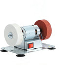 Heavy Duty Table Bench Grinder With Polishing Wheels And Sharpening Stone For Swift Project Repairs Tough As Nails Metal Body Snappy Front Power Switch close-up showing dual wheels on a sturdy metal platform.