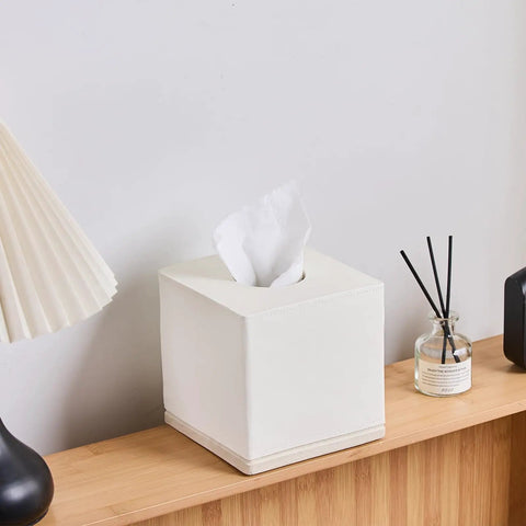Hand Carved Beige Leather Cube Tissue Box Holder With Square Resin Cover Five Point Five Inch Built To Last Heavy Duty Luxury Tissue Box Case for Bathroom Living Room Office Modern Home Decor on a wooden shelf