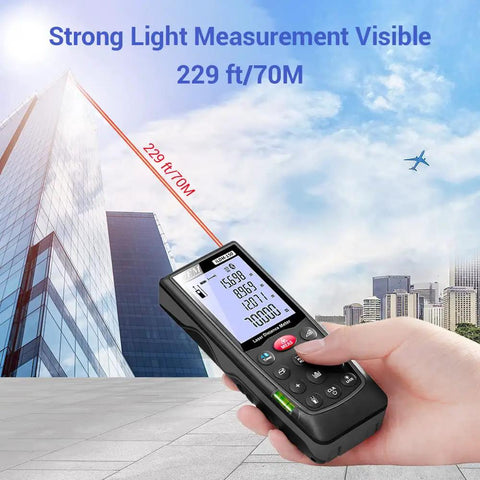 Rock Solid Bluetooth Laser Distance Measurer With 229 Foot Range And IP54 Weather Defense measuring distance with a laser beam.