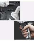 Close-up of Badass Grip Cordless Brushless Impact Wrench's ergonomic grip, showcasing control for auto repair and woodworking projects.