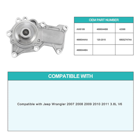 Direct Replacement Premium Water Pump For Jeep Wrangler 2007 2008 2009 2010 2011 3.8L V6 Engine Cooling System, OEM part.