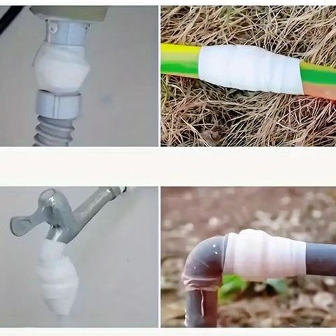 Instant Self Fusing Leak Repair Tape applied on various pipes showing waterproof heat resistant silicone tape on PVC, metal.