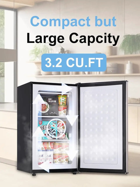 Sleek 3.2 Cu Ft Upright Mini Freezer With Adjustable Removable Shelves And Dope Silver Cabinet, showing interior organization of food.