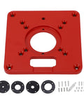 Boss Level Red Aluminum Alloy Router Table Insert Plate with aligning holes, reducer rings, and screws for woodworking upgrades.