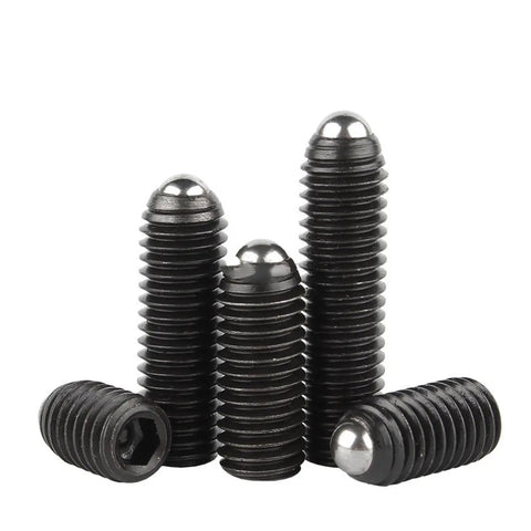 Premium Spring Ball Plunger Set Screws M10 By 20mm Black Coated Grade 129 Alloy Steel Hex Socket Allen Grub Bolts arranged together.