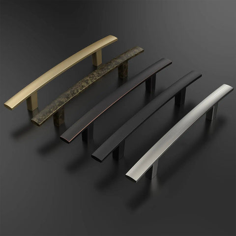 Top Shelf Brushed Gold Cabinet Pulls In A Twenty Pack Featuring Killer Arched Handles With Hassle Free Mounting And Hefty Zinc Build Measuring 3 Inch Center To Center For Kitchen Or Bedroom Drawers, showcasing various handle finishes.