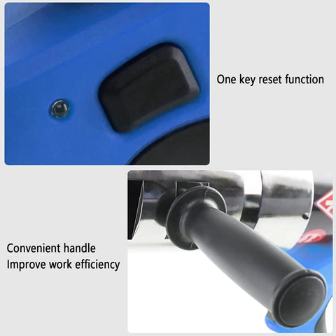 Electric Ratchet Cable Cutter with LED display and battery, showing one key reset button and ergonomic handle design.