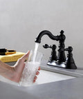 Two Handle Matte Black Bathroom Faucet With Pop Up Drain For 3 Hole 4 Inch Centerset Sinks, 360 Degree Swivel Spout, Lead Free