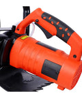 Close-up of the Heavy Hitter 14 Inch Electric Concrete Saw With Kickass 15 Amp Motor and Razor Sharp Diamond Blade handle and motor.