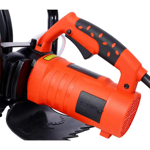 Close-up of the Heavy Hitter 14 Inch Electric Concrete Saw With Kickass 15 Amp Motor and Razor Sharp Diamond Blade handle and motor.
