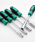 Fort Knox Tough Hex Nut Driver Socket Set Featuring Six Millimeter Wrench And Precision Screwdriver Bits. Close-up view of hex driver sockets.