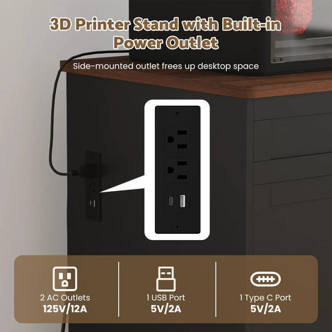 3D Printer Stand with Built-in Power Outlet showcasing two AC outlets and USB port for easy access, part of All In One 3D Printer Cabinet With Slick Rolling Filament Storage Drawer For Large Printers And Sweet Workshop Setup Heavy Duty Frame Holds Twenty Spools Smooth Glide Bin Keeps Your Maker Gear Dope And Tight So You Can Just Focus On Printing.