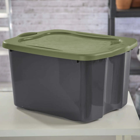 Roomy 17.5 Gallon Plastic Storage Bin With Secure Stackable Lid And Opaque Base, Full Grip Handles, Big Time Storage Container For Duds Bedding Dorm Gear And Zero Hassle Organization, gray plastic bin with green lid