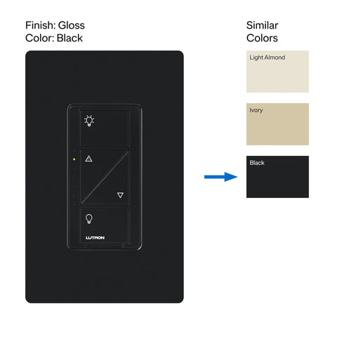 Slick Wireless Smart Dimmer Switch Plays Nice With Alexa Apple Home and Google Assistant Seamless Setup No Neutral Wire Required Smooth Hub Management For Your Entire Lighting Rig in glossy black finish, showing control buttons and color options.