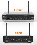 Front and back view of receiver base for Portable UHF Wireless Microphone System With Battery Power, dual antennas visible.