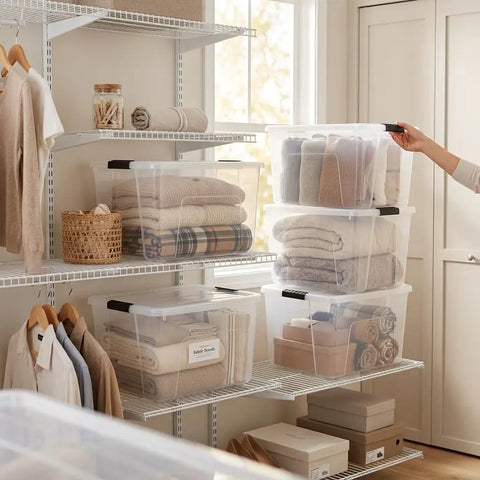 Organized closet with 60 Quart Clear Plastic Storage Bins With Secure Latching Lids, neatly stacked and filled with blankets.