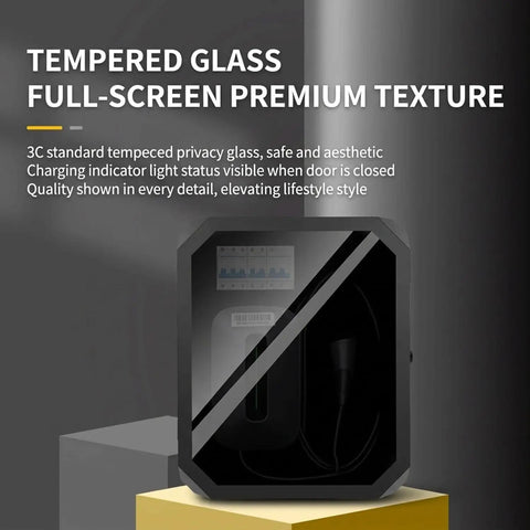Rock Solid Outdoor EV Charger Cover Waterproof Metal Enclosure Wall Or Pedestal Setup With Combo Lock Security view showing tempered glass front.