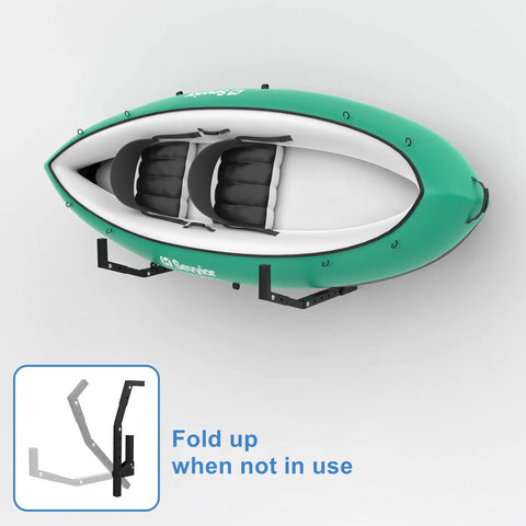 Slick Wall Mount Kayak Rack And Universal Garage Storage Hooks For Quick Gear Stash Out with a green kayak securely mounted overhead.