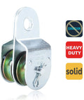 Badass Heavy Duty Two Pack One Point Five Inch Steel Double Pulleys Rated Solid For 400 Lbs Zinc Coated close-up view of pulley