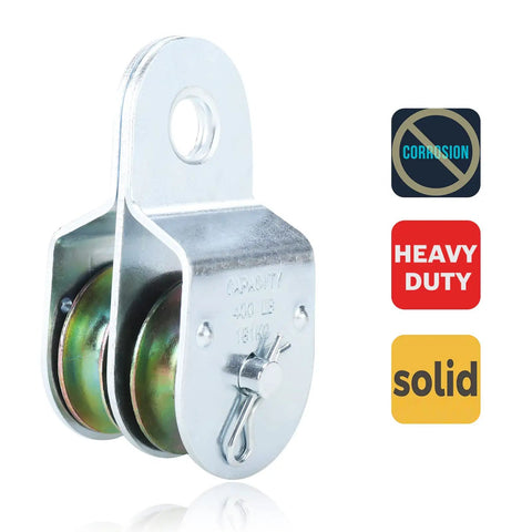 Badass Heavy Duty Two Pack One Point Five Inch Steel Double Pulleys Rated Solid For 400 Lbs Zinc Coated close-up view of pulley