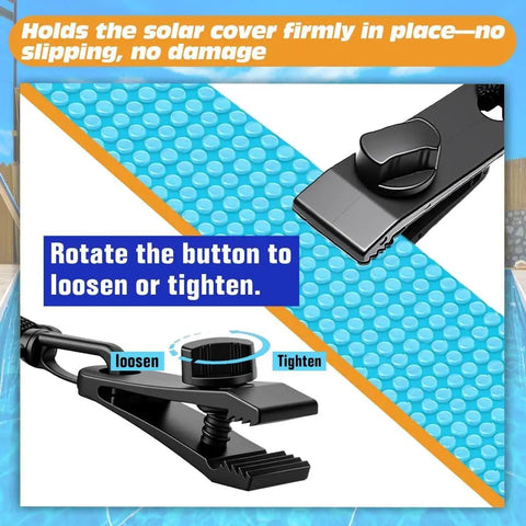 Top Shelf Universal Pool Solar Cover Reel Attachment Kit With Fool Proof Serrated Grip Locking Clips and 24 Piece Hook Strap Bundle For Large Inground Swimming Pools showing grip locking clip tightening feature.
