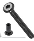 Toughest As Nails Furniture Crib Screw Replacement Set With M6 Barrel Nuts And Flat Head Bolts Including Sturdy Wrench For Zero Wiggle Wood Frame Assembly Fixes, showing black carbon steel screw, barrel nut, and wrench.