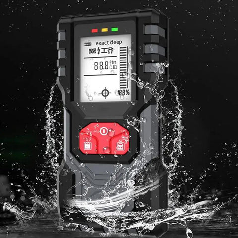 Nailed It Digital Stud Finder Wall Scanner displaying a measurement screen with water splashes, showcasing durability for DIY use.