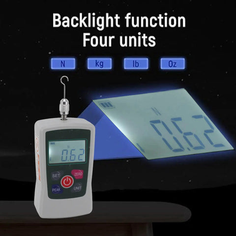 Digital Force Gauge Handheld Push Pull Tester Meter shows 0.62 N with backlight function and four measurement units.