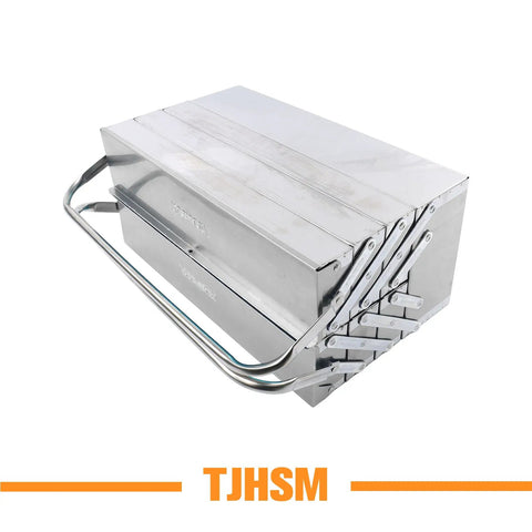 Premium 18 Inch Stainless Steel Folding Tool Box With Cantilever Multi Tray Organization and Comfortable Carry Handles, shown closed from an angle.