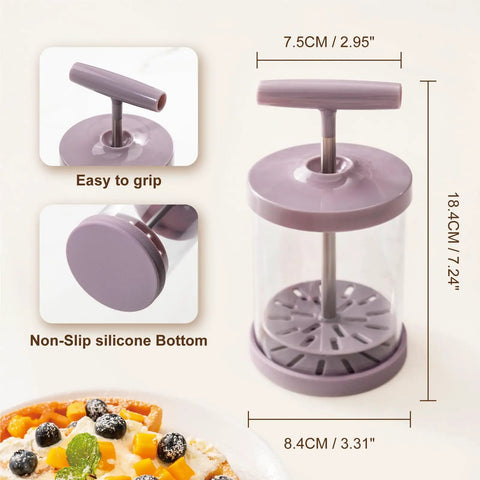 Handheld Manual Whipping Cream Dispenser No Battery Needed For Quick Whipped Cream In 60 Seconds Non Slip Silicone Base Professional Cream Maker For Desserts Coffee Milk Froth Purple, 18.4cm tall, easy grip handle, shown with dessert.