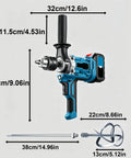 No Fuss 2 In 1 Cordless Drill And Mixer Boasts A Slick 180 Degree Swivel Handle And Snappy 2 Speed Torque For Easy Mortar Grout Mixing Or Rugged Wood Drilling Jobs In Bright Blue, showcasing its dimensions.