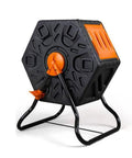 Electric Tumbling Compost Bin 60L 15.8 Gallon Rotating Outdoor Garden Kitchen Yard Composter Orange Easy Turn Door No Digging Required Effortless Mixing For Quick Rich Composting, shown in black and orange, side view.