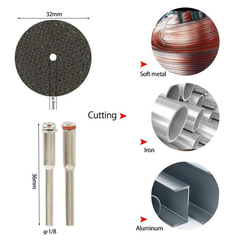 32 Piece Mini Rotary Tool Cutting Set Includes HSS Saw Blades Resin Cut Off Wheels And Diamond Metal Discs for cutting metal and aluminum.