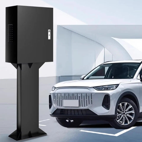 Tough As Nails EV Charger Cover Protector For Electric Vehicle Charging Station Box in black with sleek design next to a parked car.