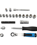 29 Piece Ratchet Socket Wrench Set Made From Heat Treated Chrome Vanadium Steel With Metric Sockets Driver Bits Extensions And Dual Direction Handle with various tools arranged.